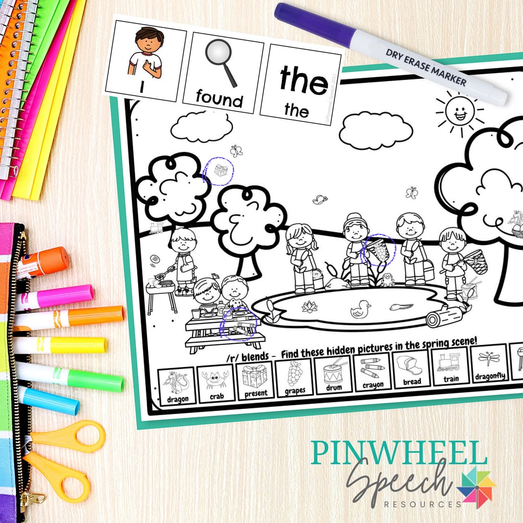 Using Hidden Pictures in Speech Therapy Sessions 5 Image shows a busy spring scene with hidden pictures.