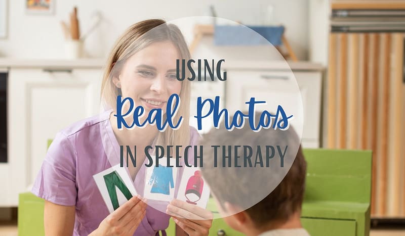Using Real Photos in Speech Therapy 1 A woman holding up three photos of clothing for a student